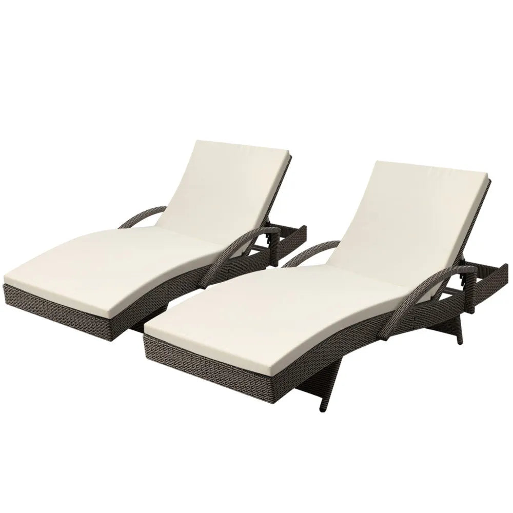 Gardeon 2PC Sun Lounge Wicker Lounger Outdoor Furniture Beach Chair Adjustable Cushion Grey&Beige - Image 8