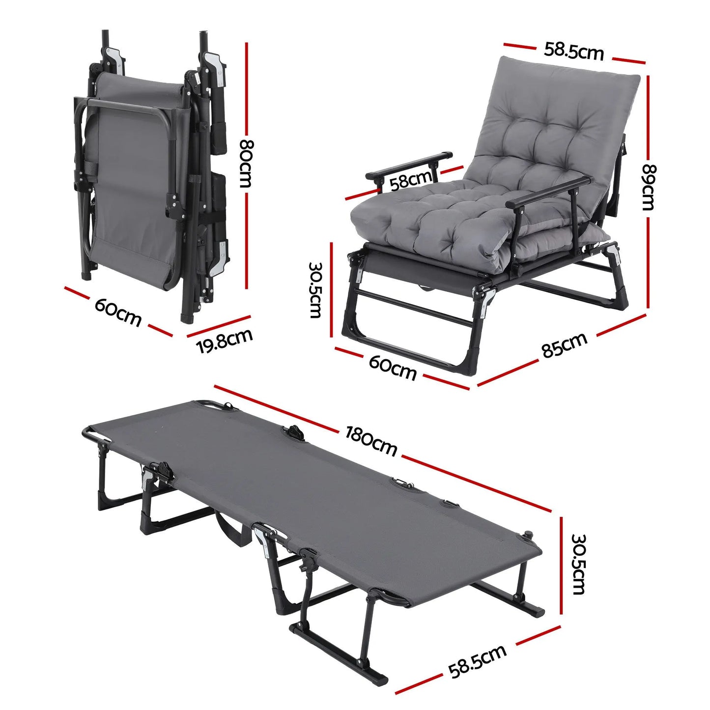 Gardeon 3-in-1 Sun Lounger Folding Camping Chair Adjustable Recliner Patio Furniture for Office Nap, Poolside - Image 2