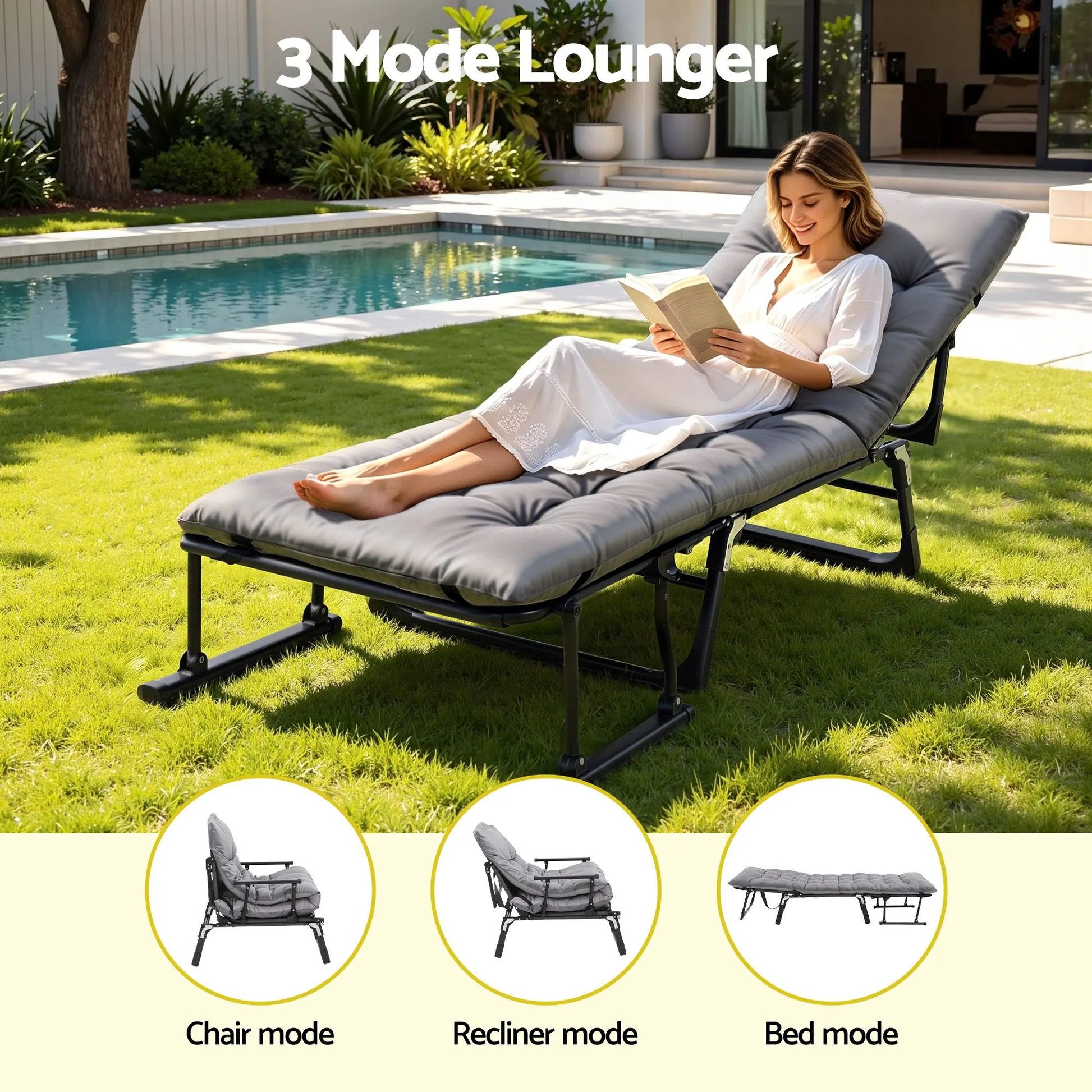 Gardeon 3-in-1 Sun Lounger Folding Camping Chair Adjustable Recliner Patio Furniture for Office Nap, Poolside - Image 4