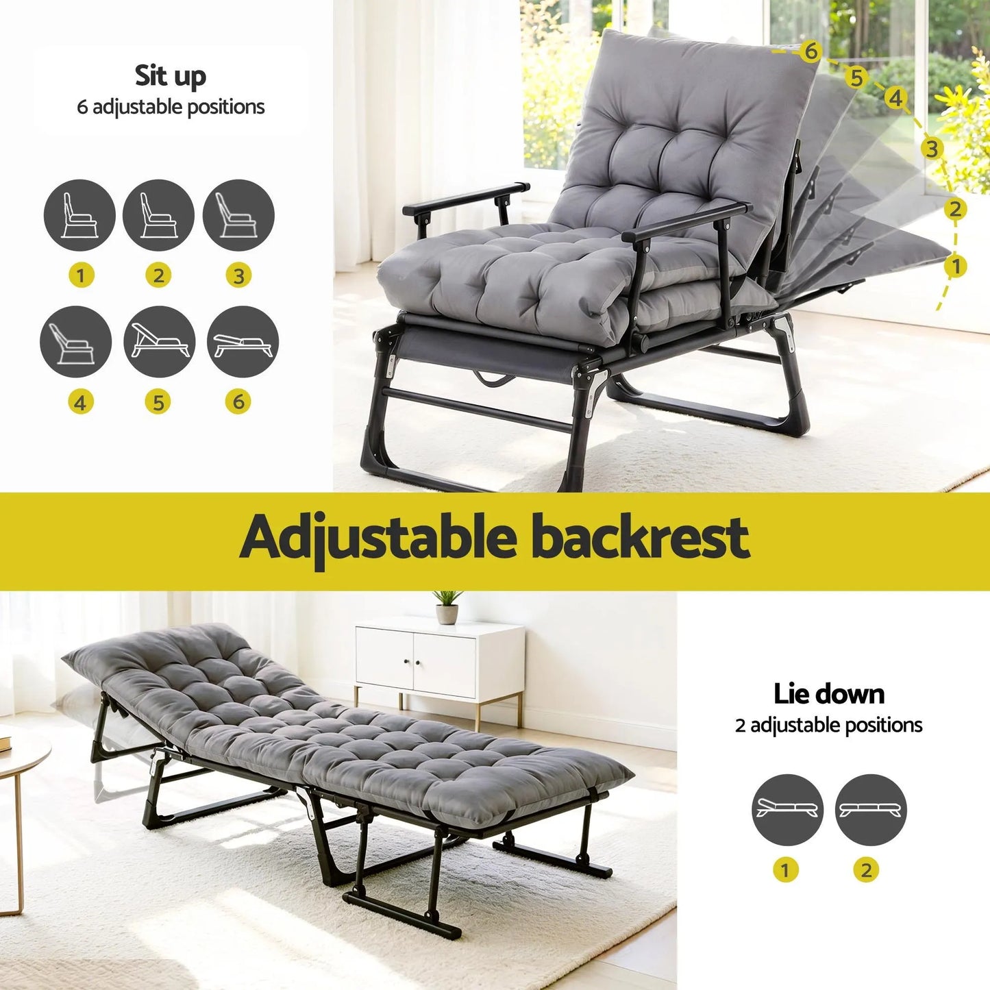 Gardeon 3-in-1 Sun Lounger Folding Camping Chair Adjustable Recliner Patio Furniture for Office Nap, Poolside - Image 5