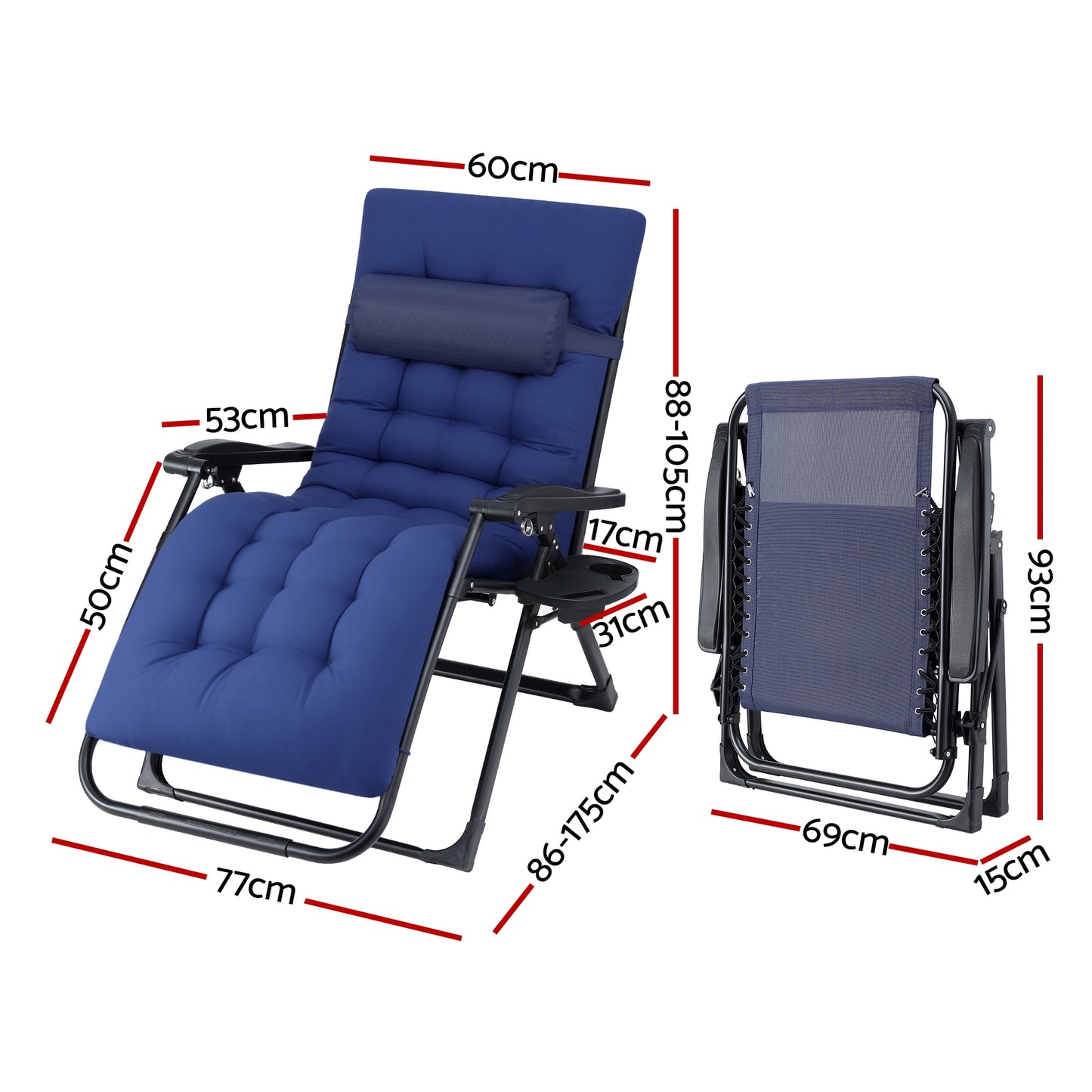 Gardeon Sun Lounge Lounger Folding Camping Zero Gravity Chair Outdoor Furniture XL Blue - Image 3