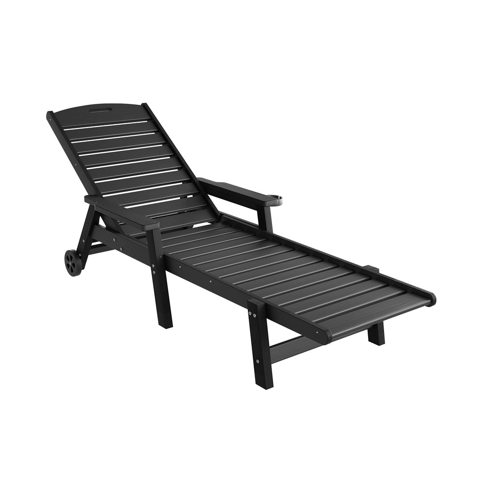 Gardeon Sun Lounge Lounger Beach Chair HDPE Patio Outdoor Furniture with Wheels Black - Image 3