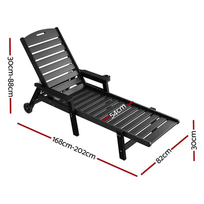 Gardeon 2PCS Sun Lounge Lounger Beach Chair HDPE Patio Outdoor Furniture with Wheels Black - Image 2