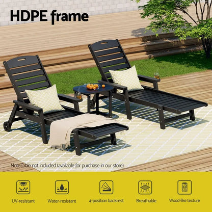 Gardeon 2PCS Sun Lounge Lounger Beach Chair HDPE Patio Outdoor Furniture with Wheels Black - Image 4