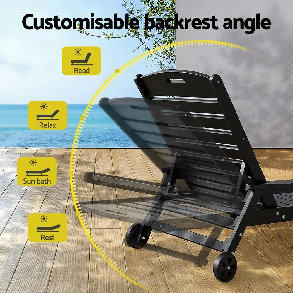 Gardeon 2PCS Sun Lounge Lounger Beach Chair HDPE Patio Outdoor Furniture with Wheels Black - Image 5