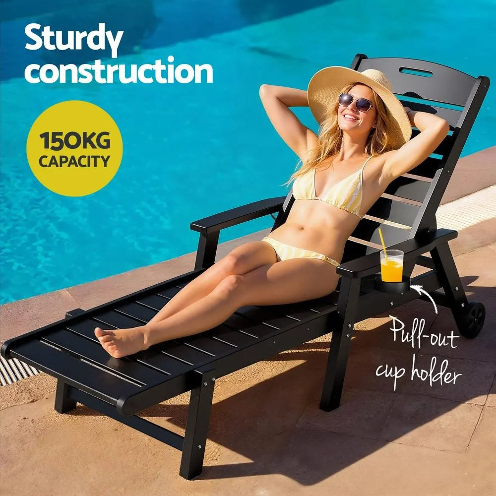 Gardeon 2PCS Sun Lounge Lounger Beach Chair HDPE Patio Outdoor Furniture with Wheels Black - Image 6