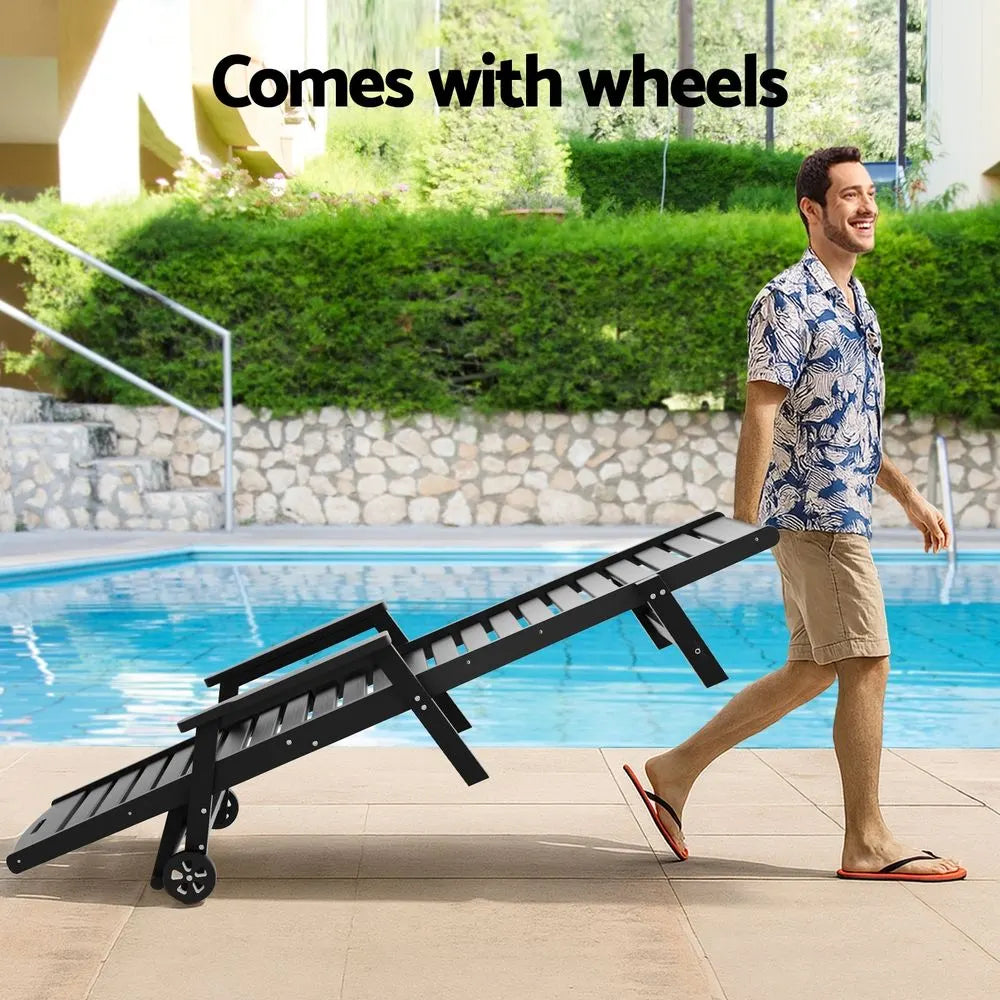 Gardeon 2PCS Sun Lounge Lounger Beach Chair HDPE Patio Outdoor Furniture with Wheels Black - Image 7