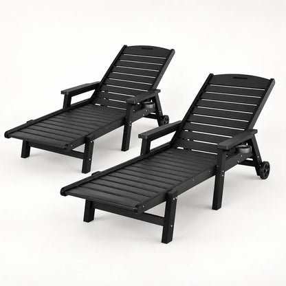 Gardeon 2PCS Sun Lounge Lounger Beach Chair HDPE Patio Outdoor Furniture with Wheels Black - Image 8