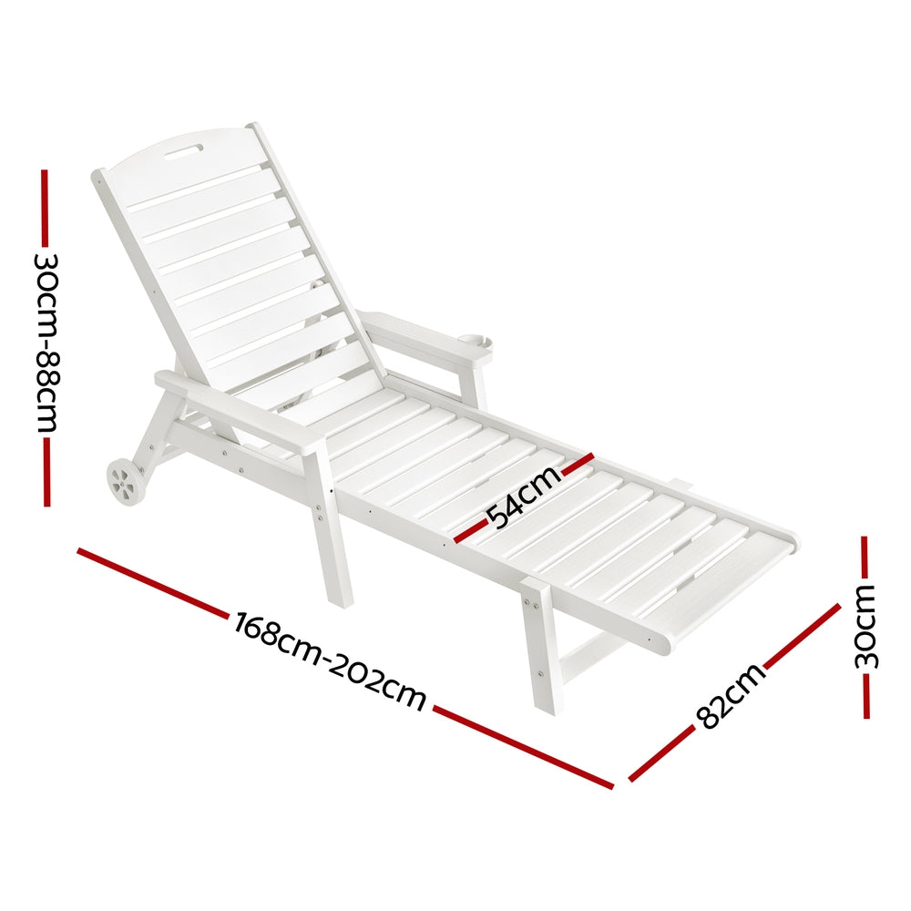 Gardeon Sun Lounge Lounger Beach Chair HDPE Patio Outdoor Furniture with Wheels White - Image 2