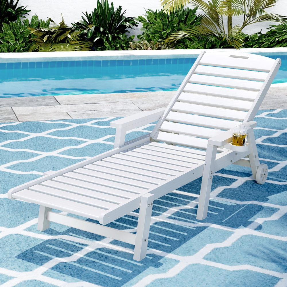Gardeon Sun Lounge Lounger Beach Chair HDPE Patio Outdoor Furniture with Wheels White - Image 7