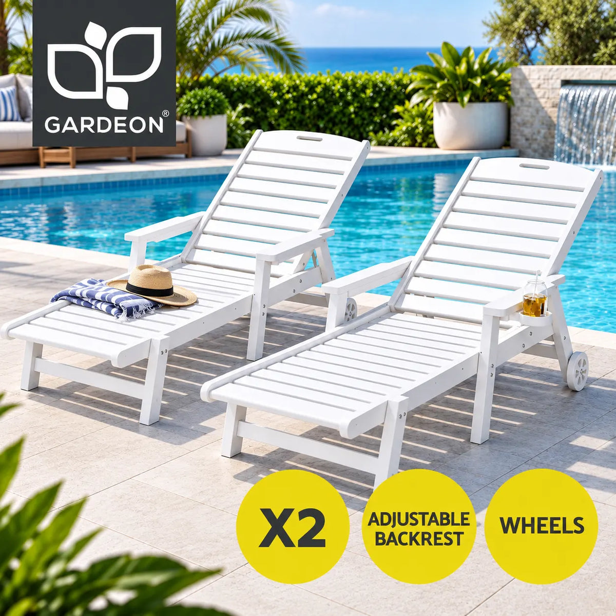 Gardeon 2PCS Sun Lounge Lounger Beach Chair HDPE Patio Outdoor Furniture with Wheels White