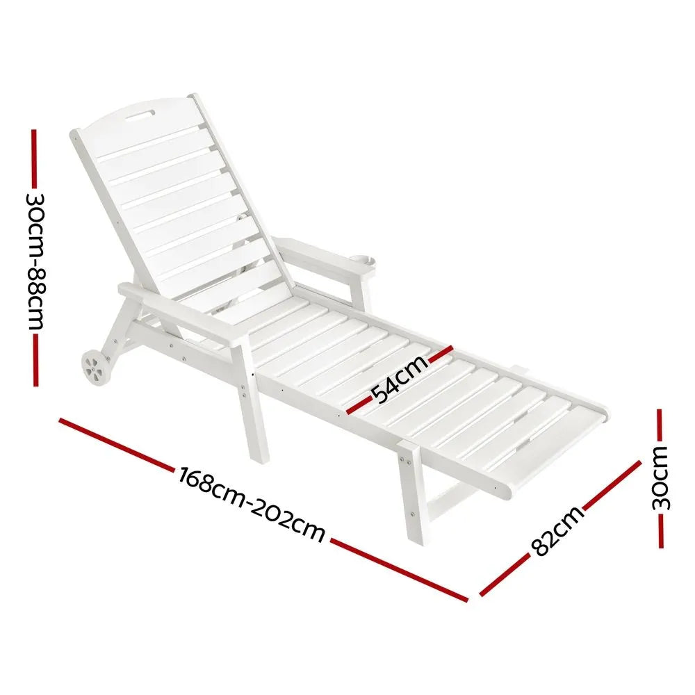Gardeon 2PCS Sun Lounge Lounger Beach Chair HDPE Patio Outdoor Furniture with Wheels White - Image 2