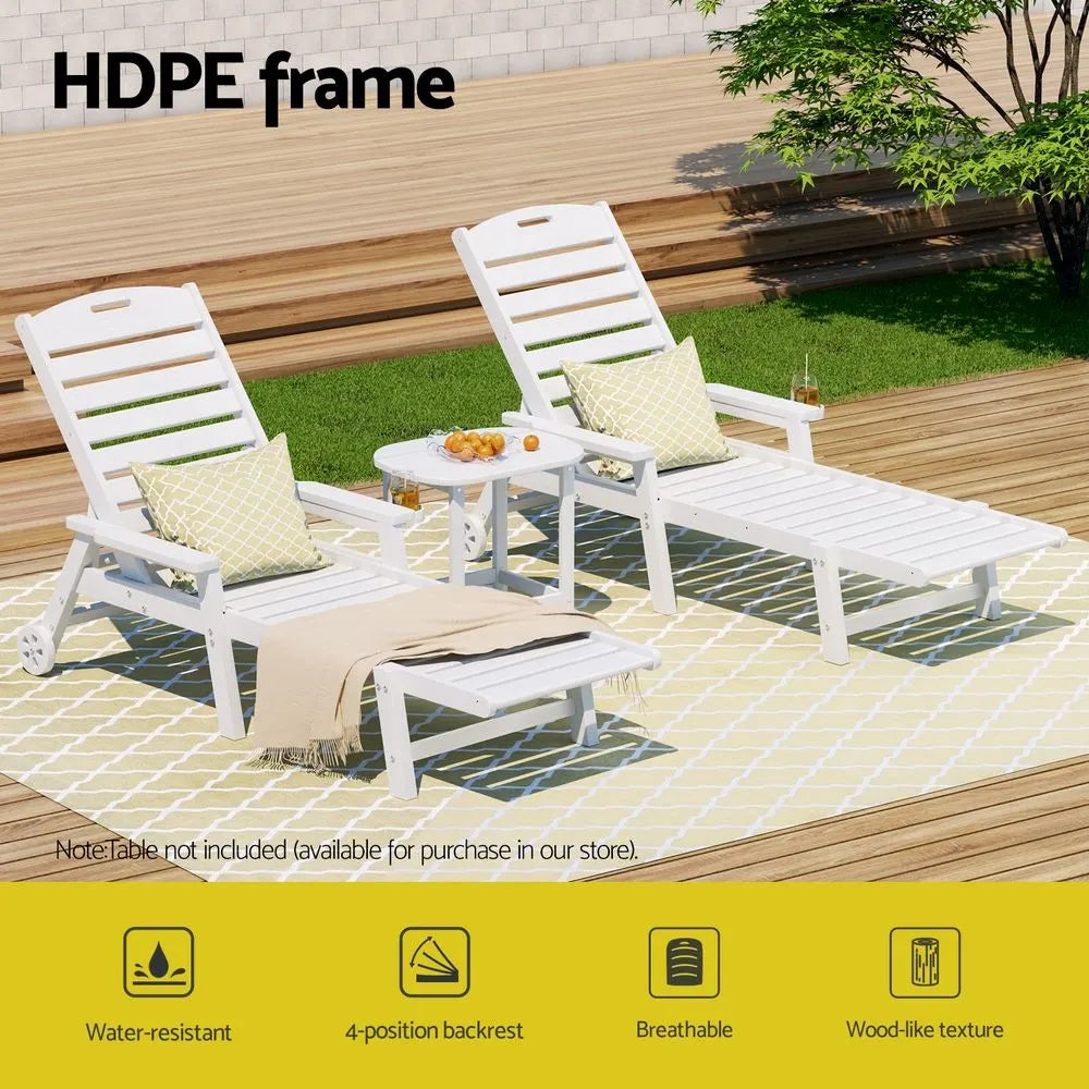 Gardeon 2PCS Sun Lounge Lounger Beach Chair HDPE Patio Outdoor Furniture with Wheels White - Image 4