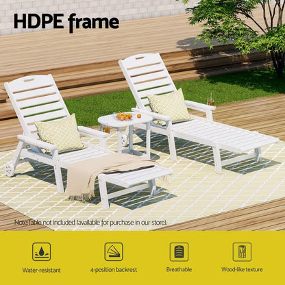 Gardeon 2PCS Sun Lounge Lounger Beach Chair HDPE Patio Outdoor Furniture with Wheels White - Image 4