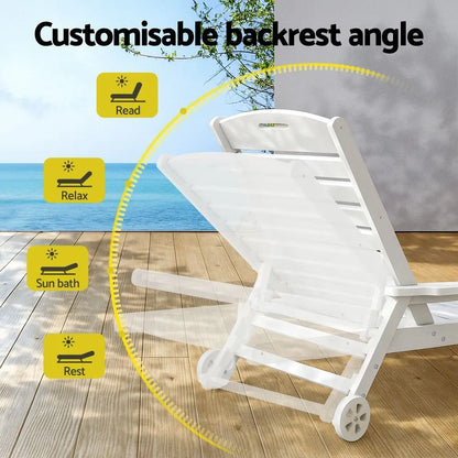 Gardeon 2PCS Sun Lounge Lounger Beach Chair HDPE Patio Outdoor Furniture with Wheels White - Image 5
