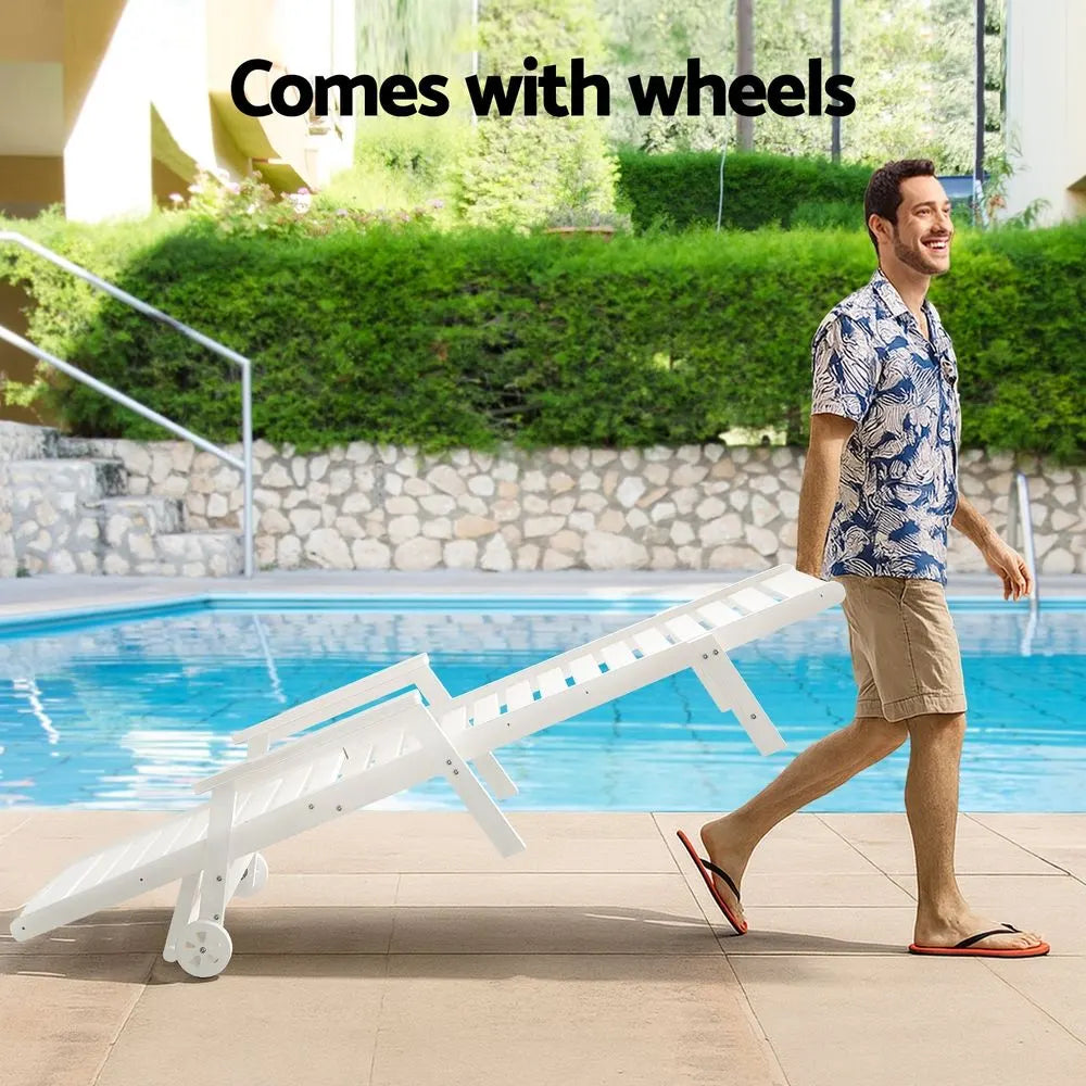 Gardeon 2PCS Sun Lounge Lounger Beach Chair HDPE Patio Outdoor Furniture with Wheels White - Image 7