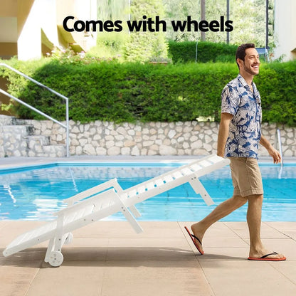 Gardeon 2PCS Sun Lounge Lounger Beach Chair HDPE Patio Outdoor Furniture with Wheels White - Image 7