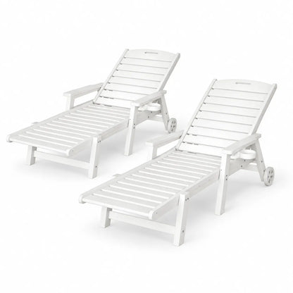 Gardeon 2PCS Sun Lounge Lounger Beach Chair HDPE Patio Outdoor Furniture with Wheels White - Image 8