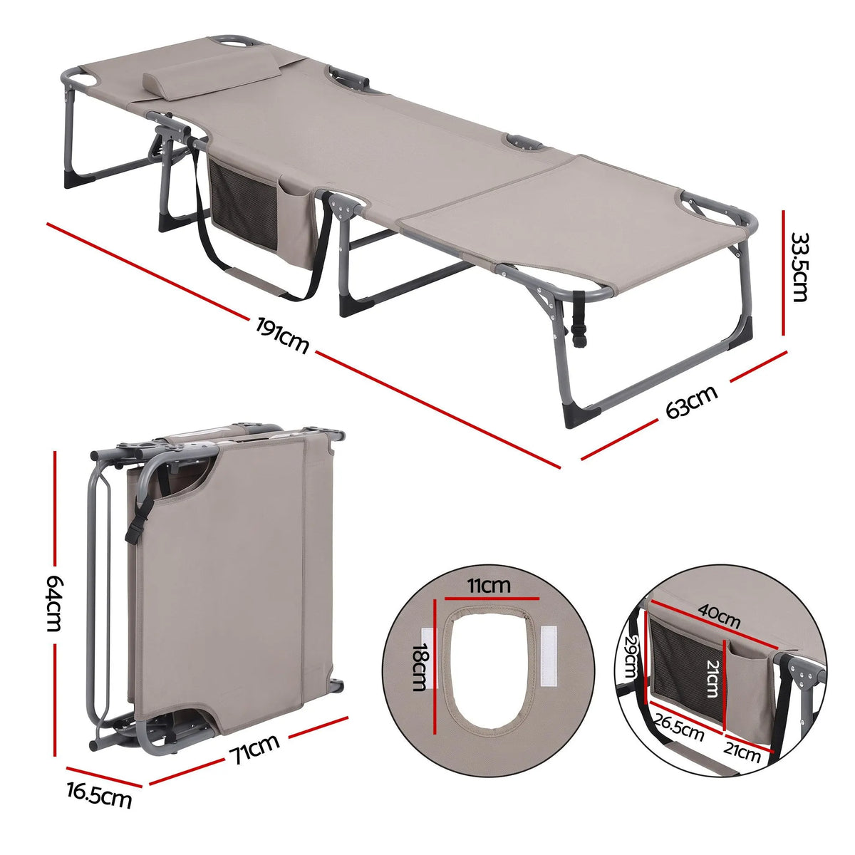 Gardeon Sun Lounger 5 Position Folding Tanning Chair with Face Hole Khaki - Image 2