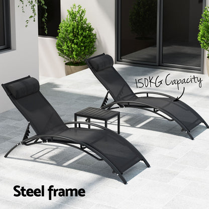 Gardeon 3PC Sun Lounge Outdoor Lounger Steel Table Chairs Patio Furniture Garden - Image 6