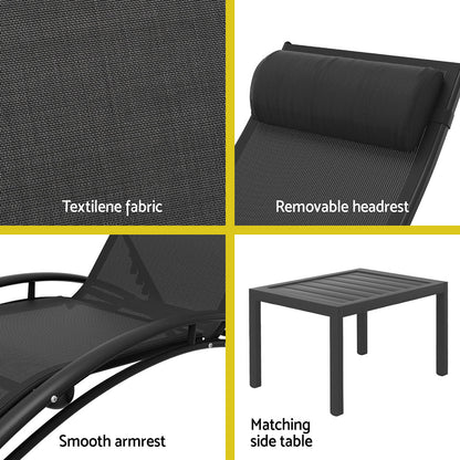 Gardeon 3PC Sun Lounge Outdoor Lounger Steel Table Chairs Patio Furniture Garden - Image 7