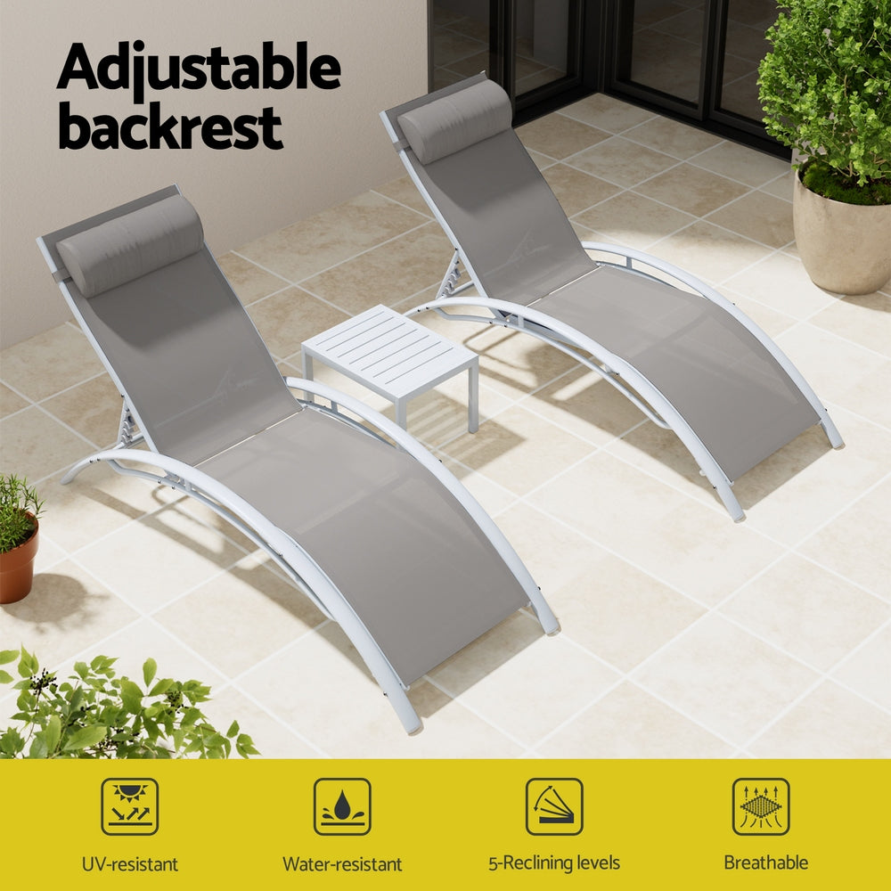 Gardeon 3PC Sun Lounge Outdoor Lounger Table Chairs Steel Patio Furniture Garden - Image 4