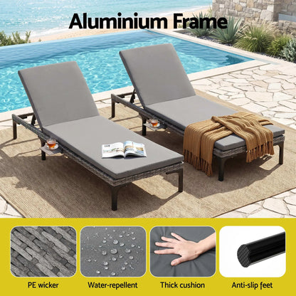 Gardeon 2PC Sun Lounger PE Rattan Recliners with Cup Holder Cushion Rain Cover - Image 4