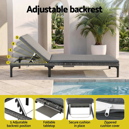 Gardeon 2PC Sun Lounger PE Rattan Recliners with Cup Holder Cushion Rain Cover - Image 5