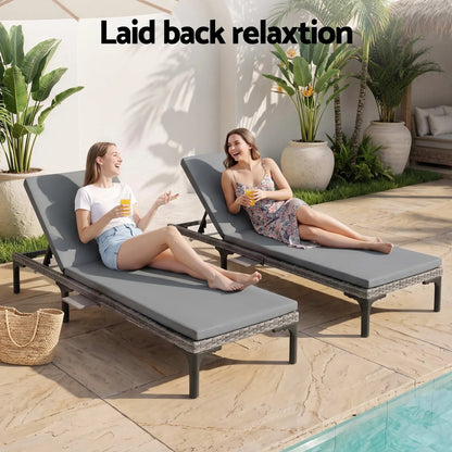 Gardeon 2PC Sun Lounger PE Rattan Recliners with Cup Holder Cushion Rain Cover - Image 6