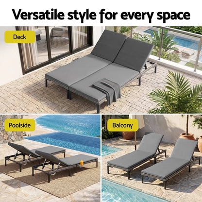 Gardeon 2PC Sun Lounger PE Rattan Recliners with Cup Holder Cushion Rain Cover - Image 8