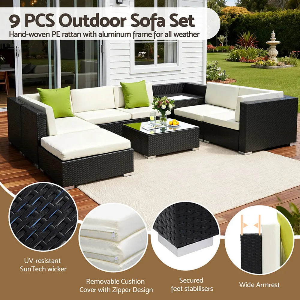 Gardeon 9-Piece Outdoor Sofa Set Wicker Couch Lounge Setting Cover - Image 4