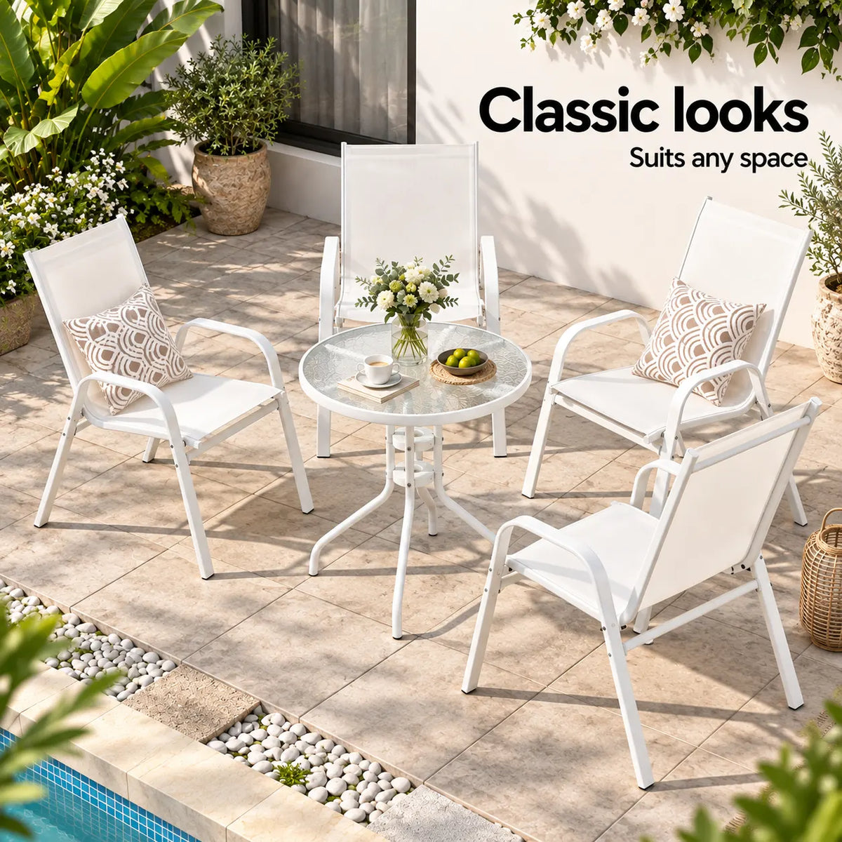 Gardeon 5PC Bistro Set Outdoor Table and Chairs Stackable Patio Furniture White - Image 8
