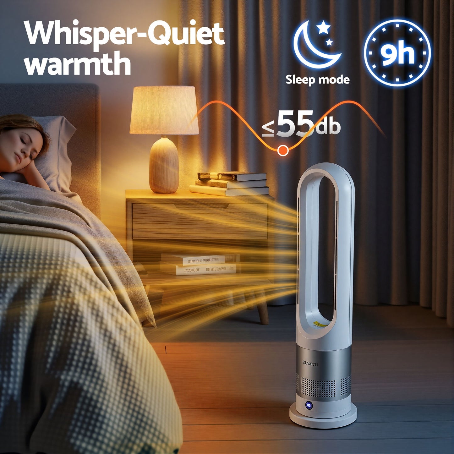 Devanti Bladeless Tower Fan Heater and Cooler 2in1 Portable Oscillation Fan for Bedroom Room Office Use White - Image 7