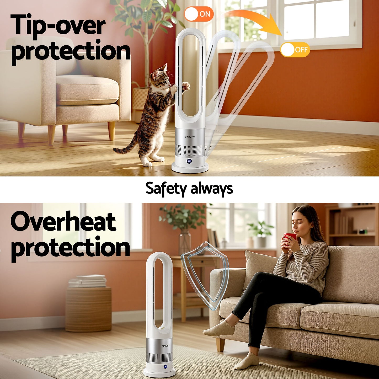 Devanti Bladeless Tower Fan Heater and Cooler 2in1 Portable Oscillation Fan for Bedroom Room Office Use White - Image 8