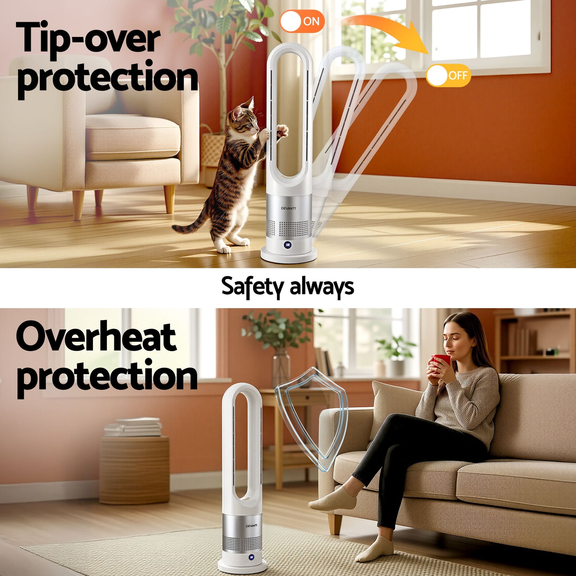 Devanti Bladeless Tower Fan Heater and Cooler 2in1 Portable Oscillation Fan for Bedroom Room Office Use White - Image 8