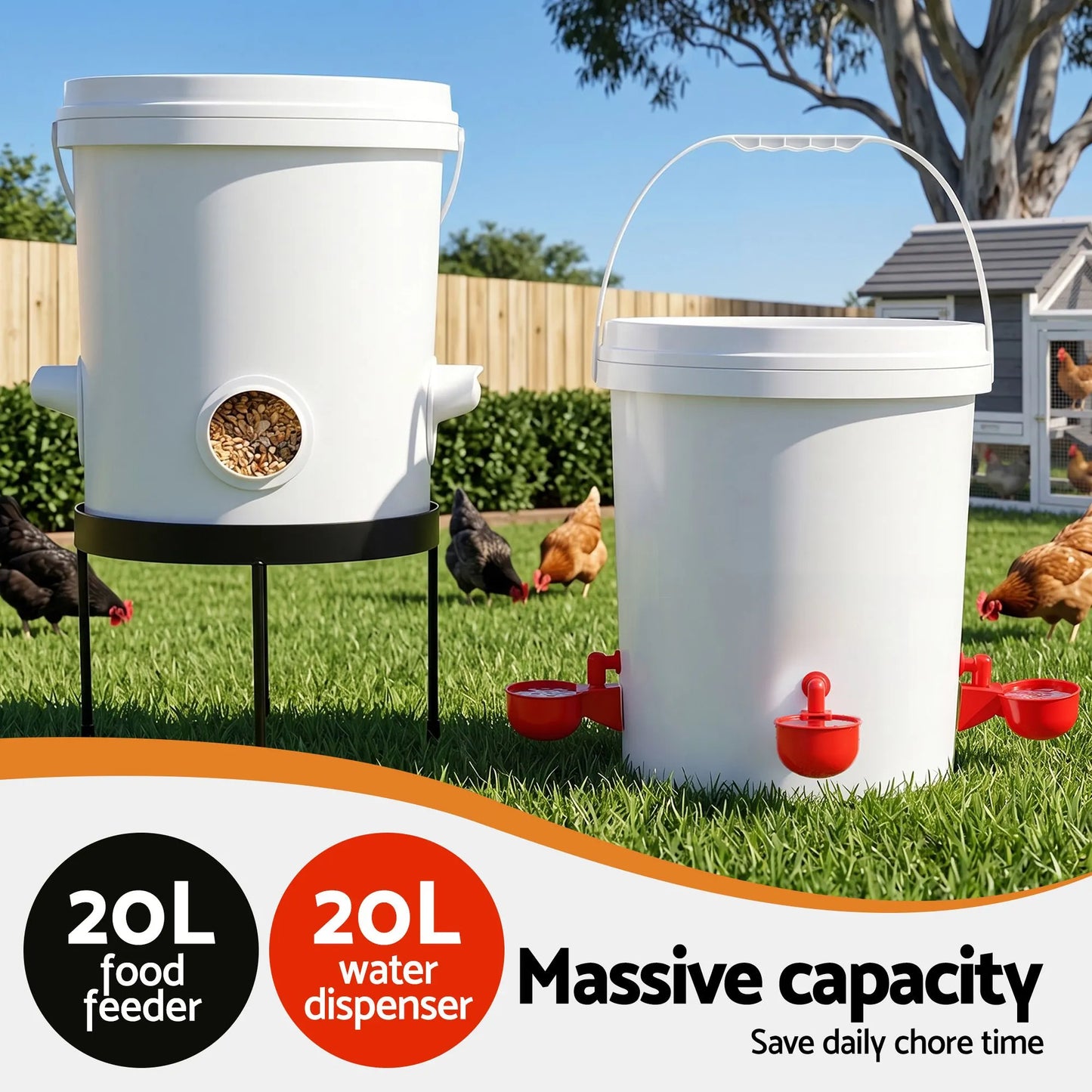 Giantz 20L X2 Chicken Feeder Waterer Set Automatic Poultry Dispenser Metal Stand - Image 5
