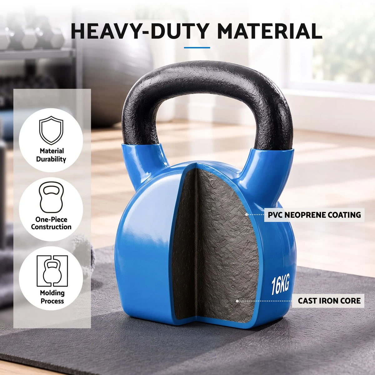 Everfit 16kg Kettlebell Cast Iron Weightlifting Bench Dumbbells Kettle Bell Blue - Image 5