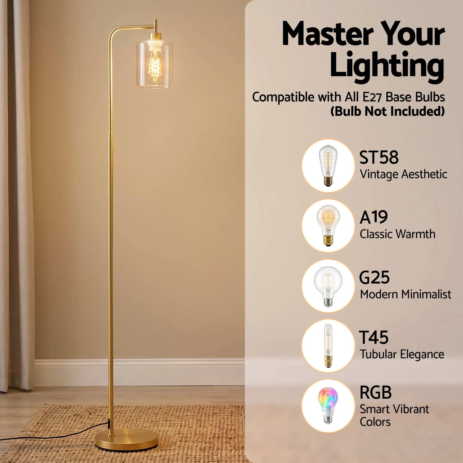 Artiss Floor Lamp Modern Industrial Standing Light with Clear Glass Shade, GoldMetal Tall Lamp for Living Room, Bedroom & Office, Anti-Tipping Weighted Base & Foot Switch (Bulb Not Included) - Image 4