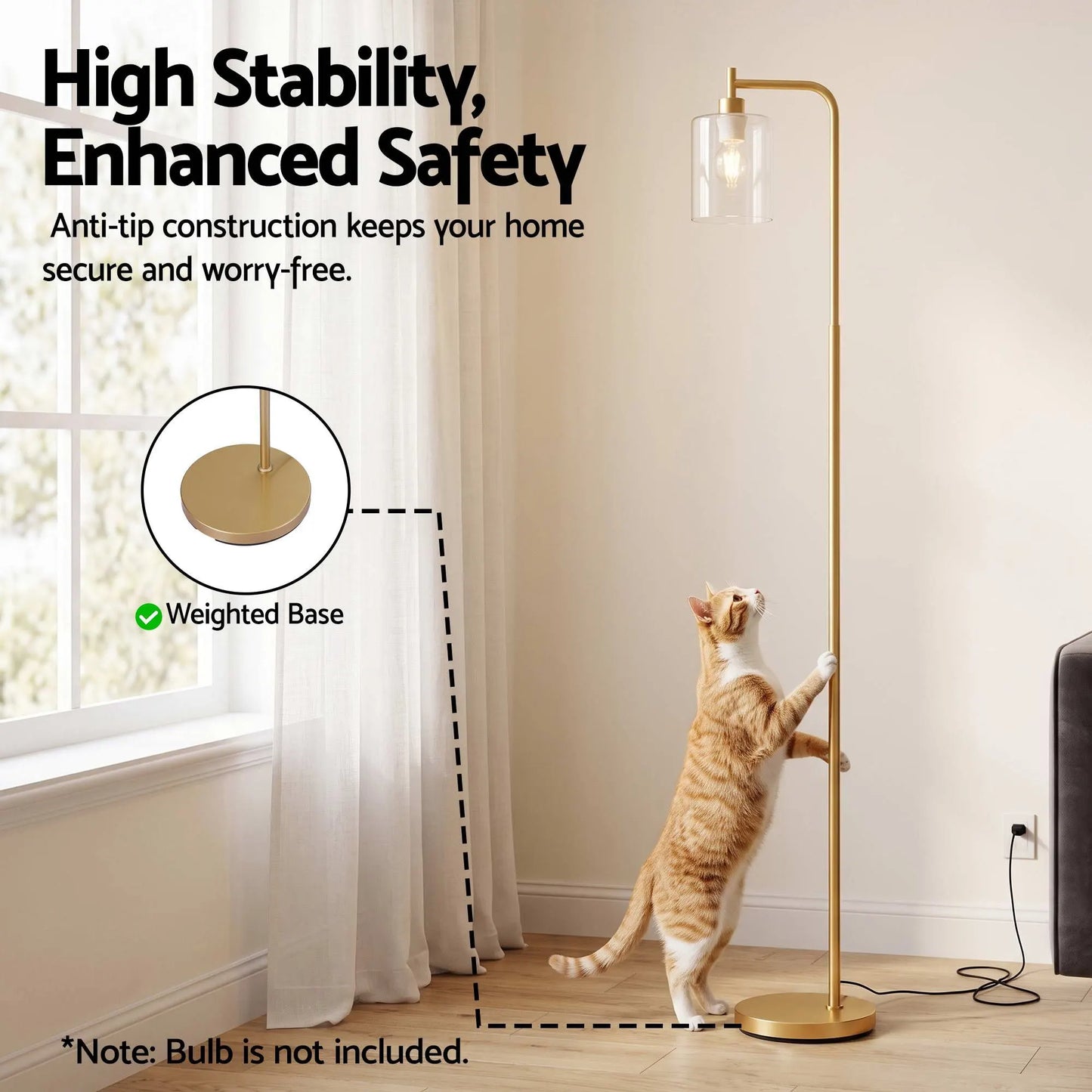 Artiss Floor Lamp Modern Industrial Standing Light with Clear Glass Shade, GoldMetal Tall Lamp for Living Room, Bedroom & Office, Anti-Tipping Weighted Base & Foot Switch (Bulb Not Included) - Image 5