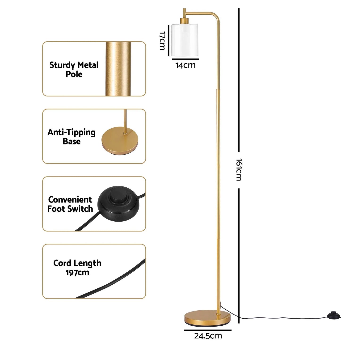 Artiss Floor Lamp Modern Industrial Standing Light with Clear Glass Shade, GoldMetal Tall Lamp for Living Room, Bedroom & Office, Anti-Tipping Weighted Base & Foot Switch (Bulb Not Included) - Image 7