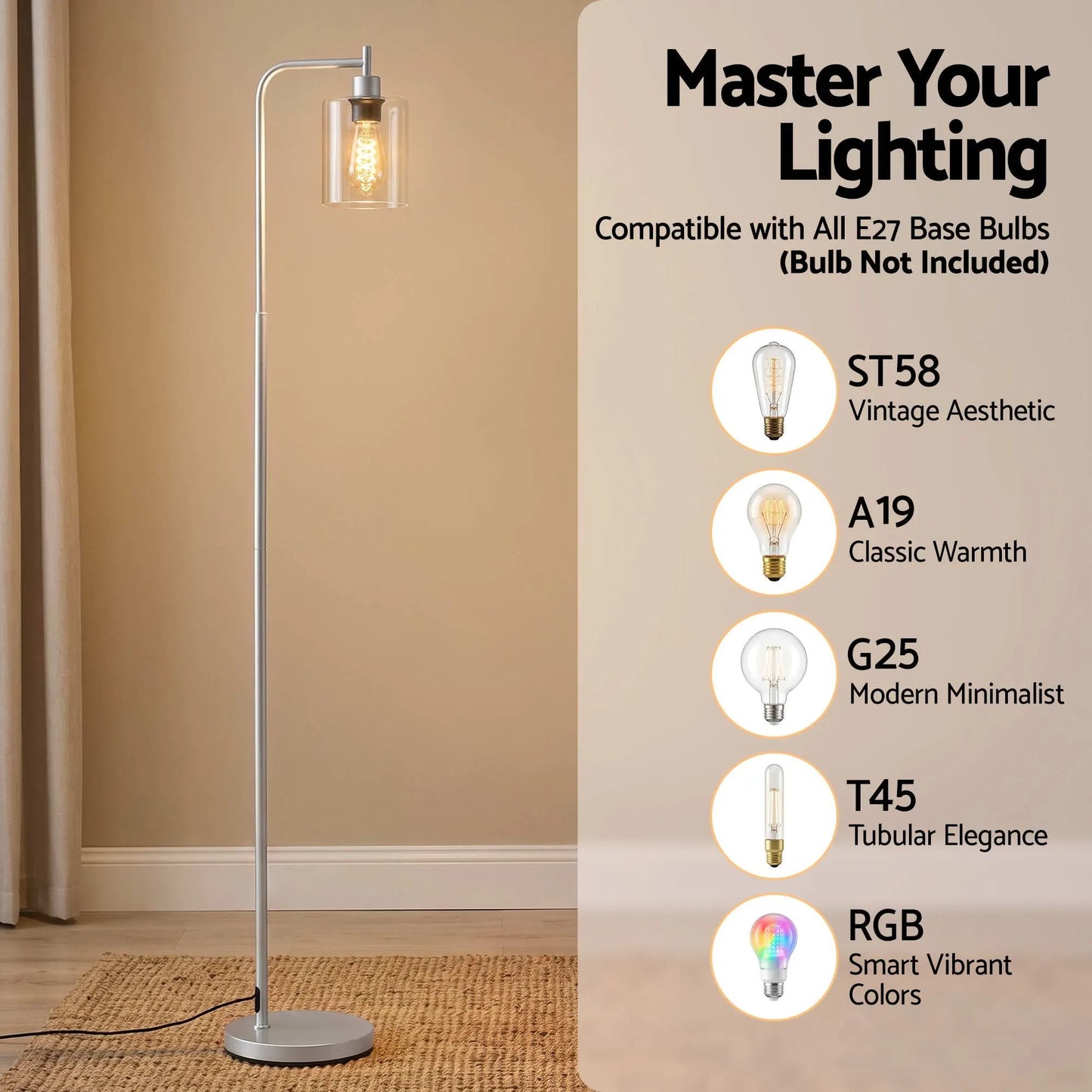 Artiss Floor Lamp Modern Industrial Standing Light with Clear Glass Shade, Silver Metal Tall Lamp for Living Room, Bedroom & Office, Anti-Tipping Weighted Base & Foot Switch (Bulb Not Included) - Image 4