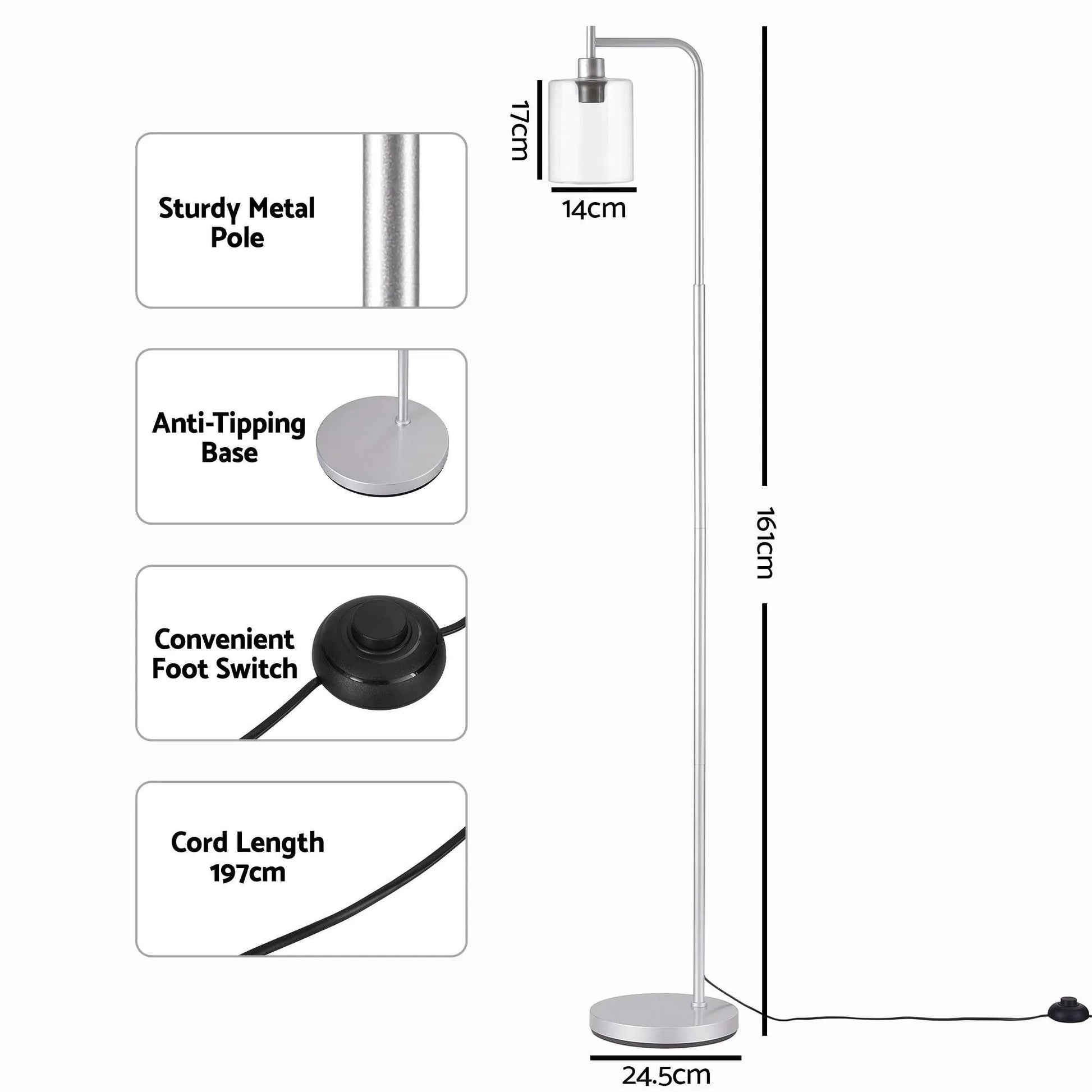 Artiss Floor Lamp Modern Industrial Standing Light with Clear Glass Shade, Silver Metal Tall Lamp for Living Room, Bedroom & Office, Anti-Tipping Weighted Base & Foot Switch (Bulb Not Included) - Image 7