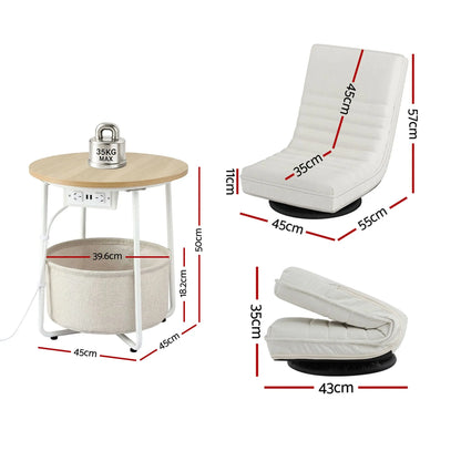 Artiss Floor Lounge & Round Coffee Table Side End Table with Charging Station Set - Image 3