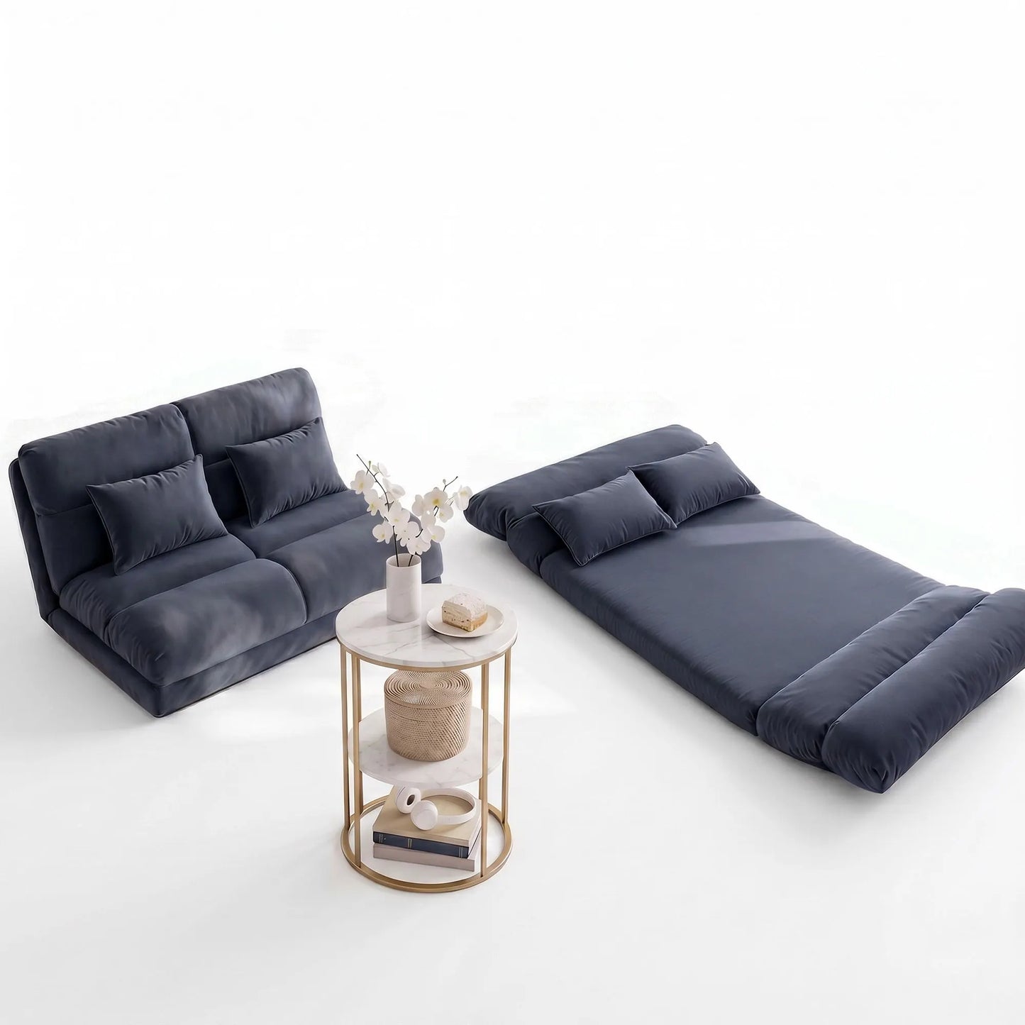 Artiss Floor Lounge Sofa Bed & Coffee Table 2 Tier Marble Effect Side Table Set - Image 2