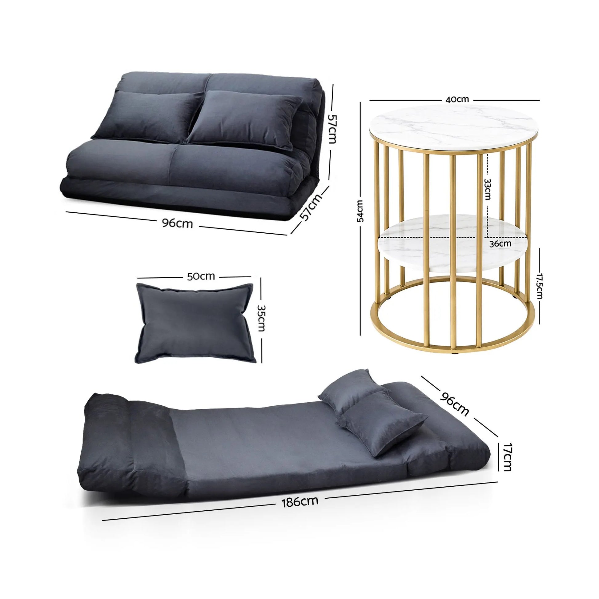 Artiss Floor Lounge Sofa Bed & Coffee Table 2 Tier Marble Effect Side Table Set - Image 3