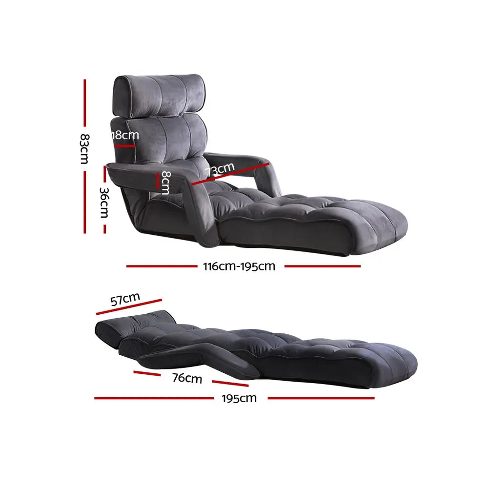Artiss Floor Lounge Sofa With Armrest Flocking Fabric Charcoal - Image 2