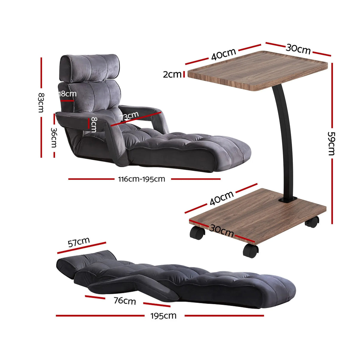 Artiss Floor Lounge & Coffee Table Set, Adjustable Recliner End Table w/ Wheels - Image 3