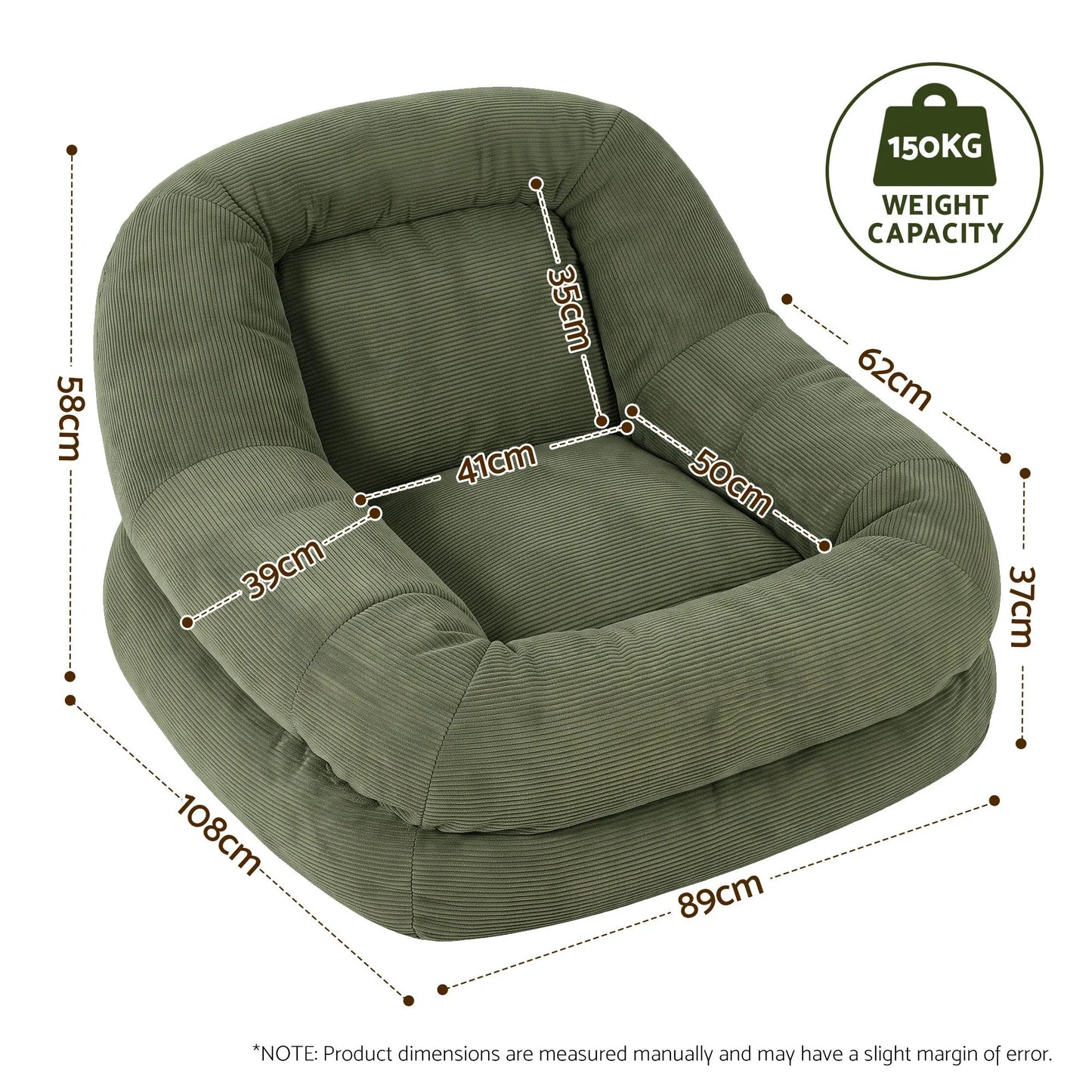 Artiss Armchair Floor Chair Couch Recliner 1 Seater Cloud Chaise Lounge Corduroy Green - Image 3