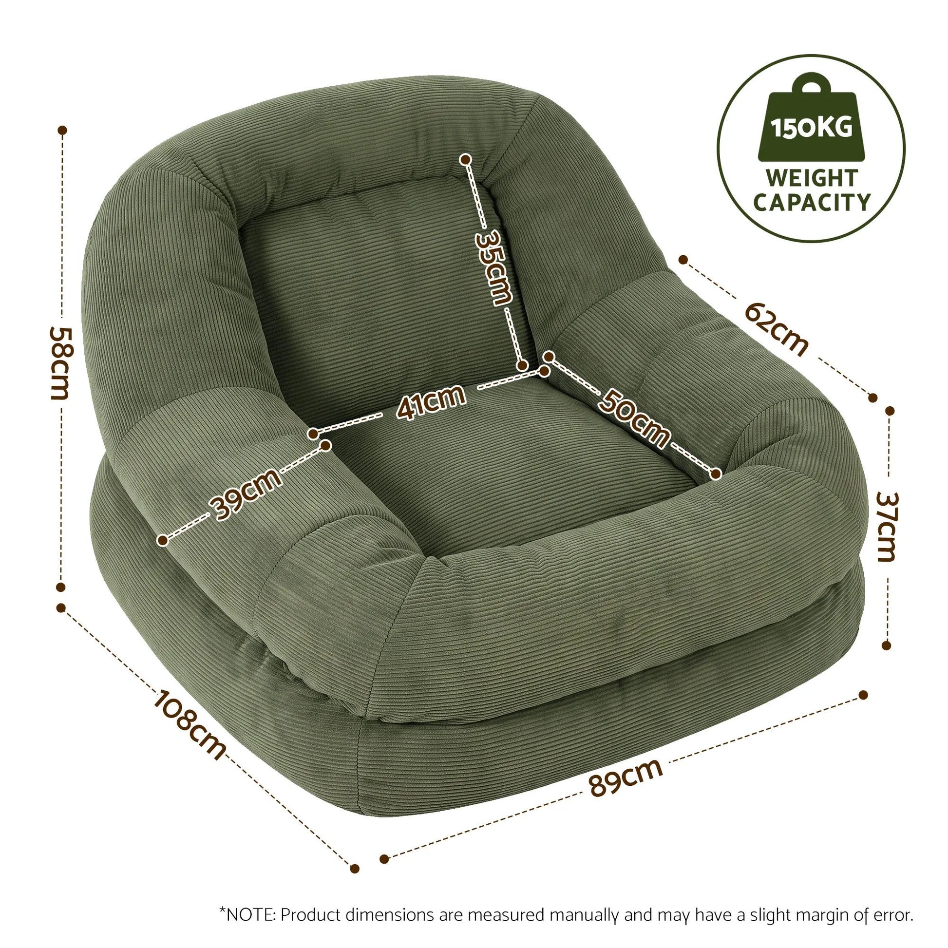 Artiss Armchair Floor Chair Couch Recliner 1 Seater Cloud Chaise Lounge Corduroy Green - Image 3