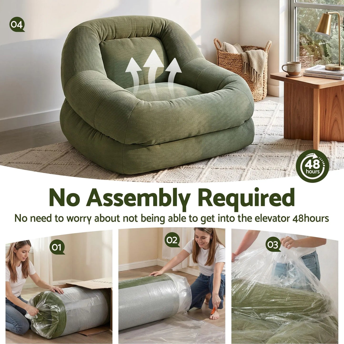 Artiss Armchair Floor Chair Couch Recliner 1 Seater Cloud Chaise Lounge Corduroy Green - Image 5